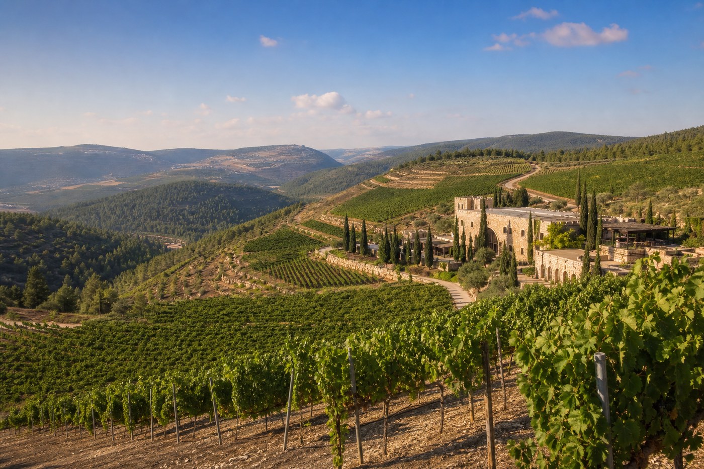 Panoramic vineyard estate rows